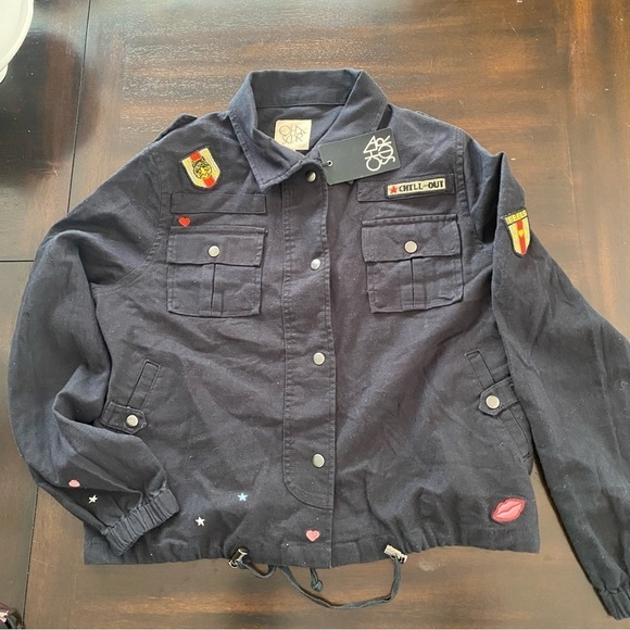 NWT Chaser vintage canvas Black military jacket w/patches Chill-out Feels Hart M - Picture 1 of 10
